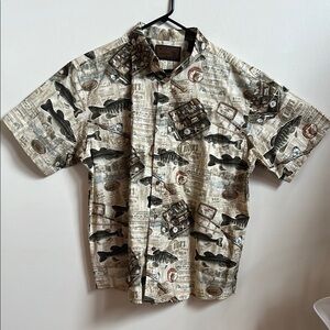 Fishing Casual Cream and Black Button Down Shirt with tackle box and old lures